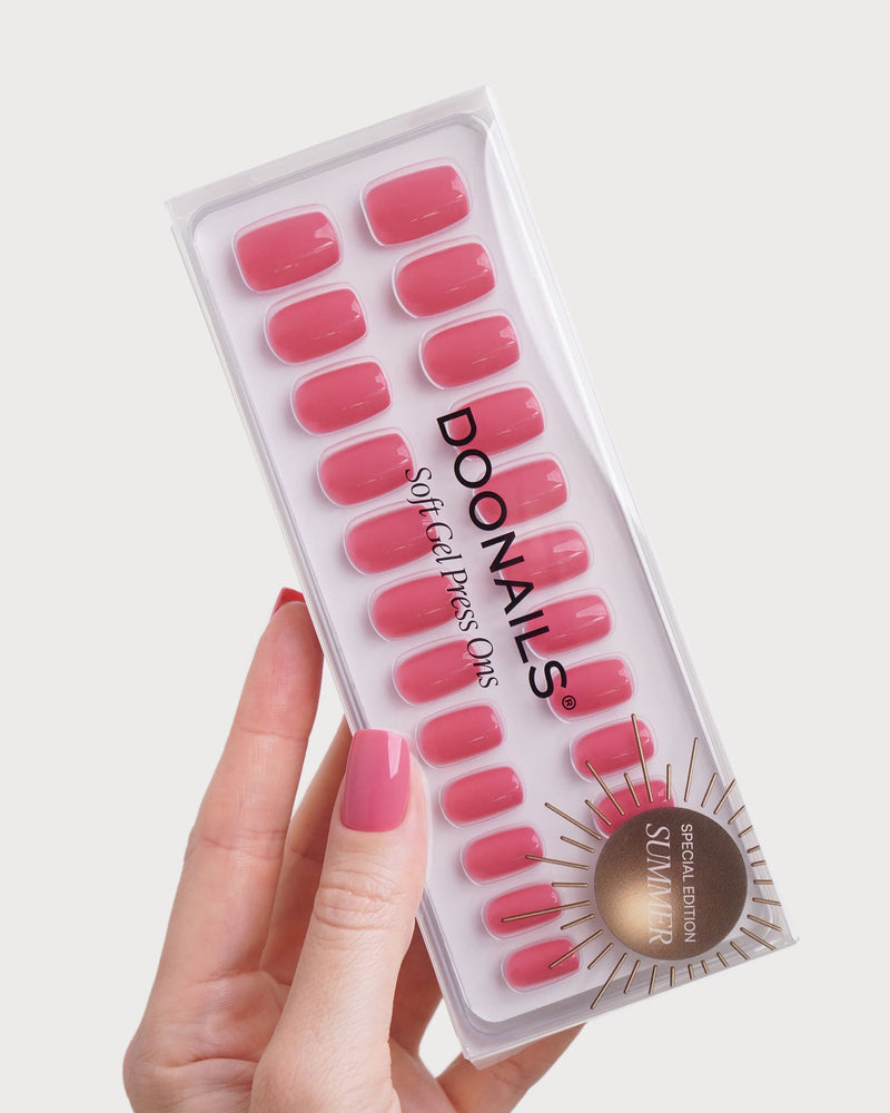 Hot Pink Courte Carré Press On en Gel Souple