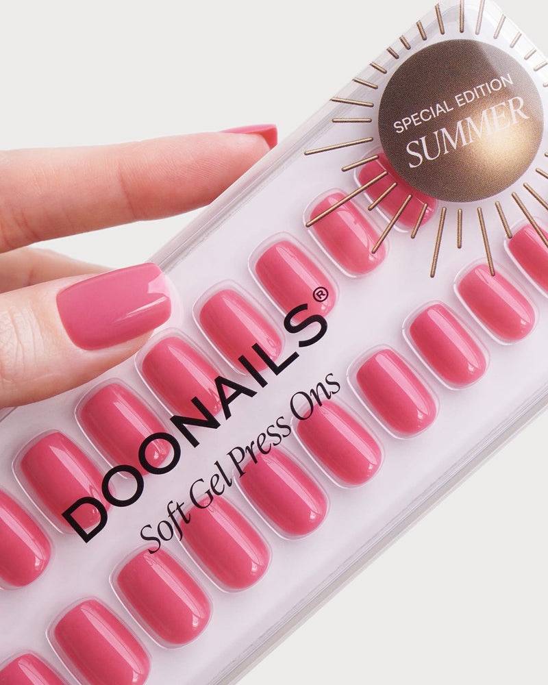 Hot Pink Courte Carré Press On en Gel Souple