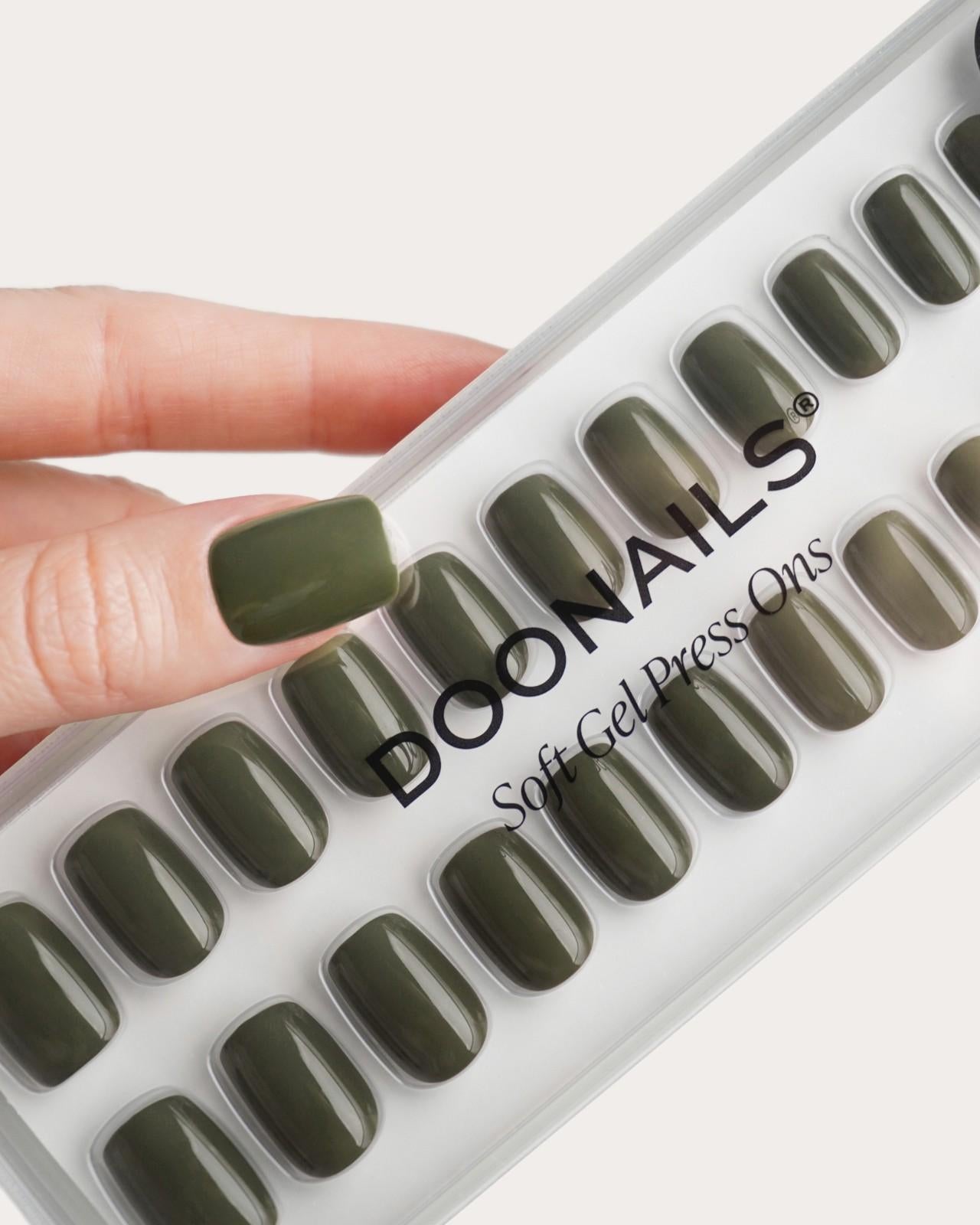Press Ons en gel souple Moss Green Courte Carré