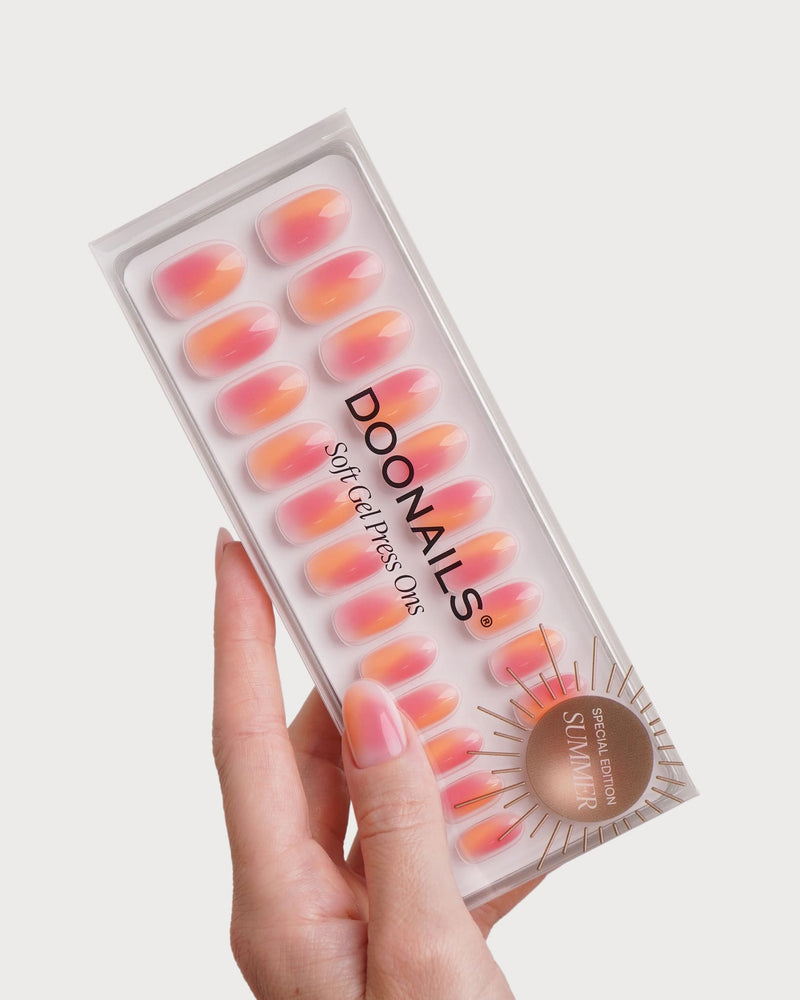 Orange Pink Aura Moyenne Arrondie Press On en Gel Souple