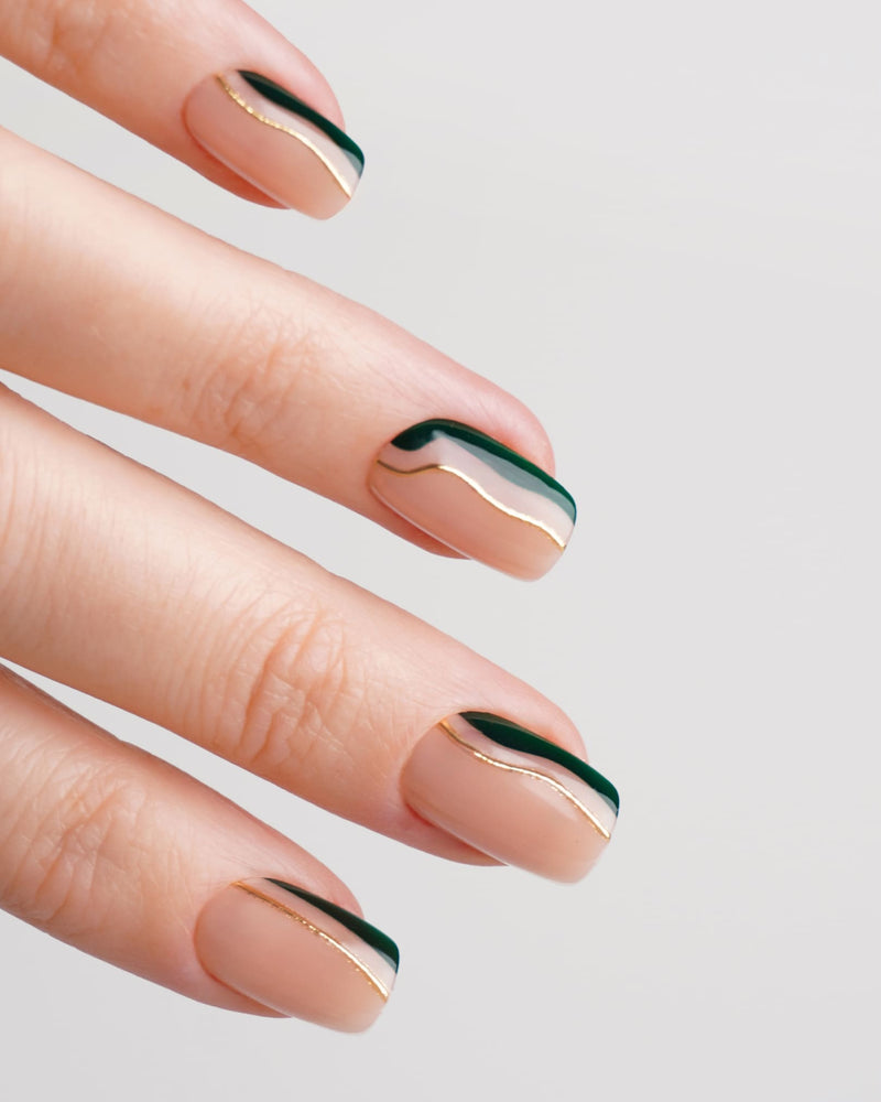 Press Ons en gel souple Gold Green Slate Swirl Courte Carré - Doonails France