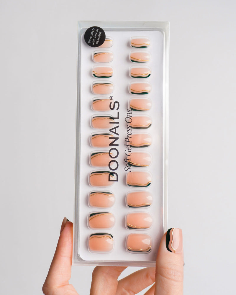 Press Ons en gel souple Gold Green Slate Swirl Courte Carré - Doonails France